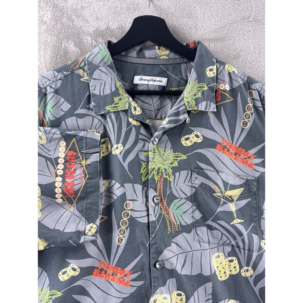Tommy Bahama Silk Camp Shirt Mens Size Large‎ Gray Vegas Casino Print Resort